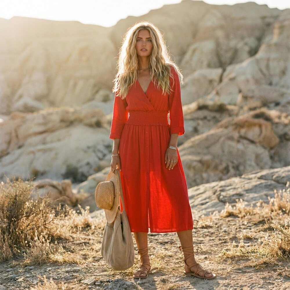 Y.A.S. Poppy Red V-Neck Midi Dress | Smocked Waist | Size M (est) 